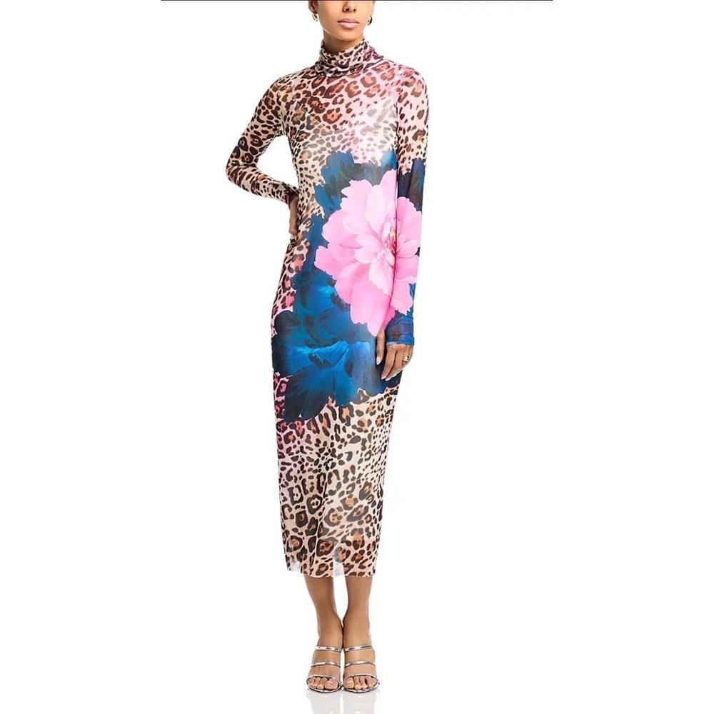 AFRM Shailene Mesh Dress Leopard Floral Print Long Sleeve Small Edgy Sheer Body - Picture 3 of 16